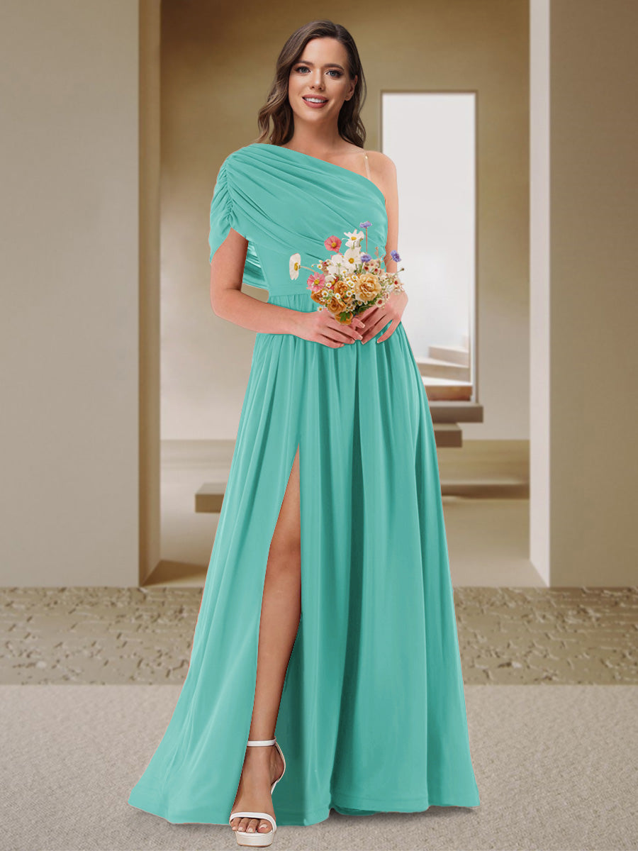 A-Line/Princess One-Shoulder Ruched Satin Bridesmaid Dresses with Side Slit Spa