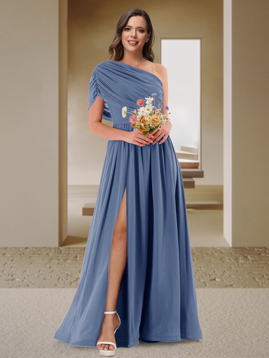 A-Line/Princess One-Shoulder Ruched Satin Bridesmaid Dresses with Side Slit Steel Blue