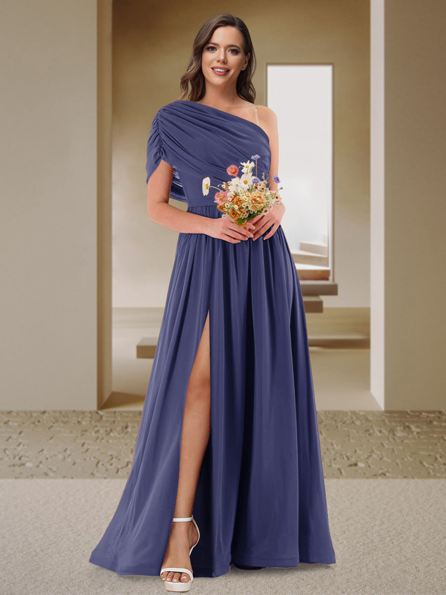 A-Line/Princess One-Shoulder Ruched Satin Bridesmaid Dresses with Side Slit Stormy Blue