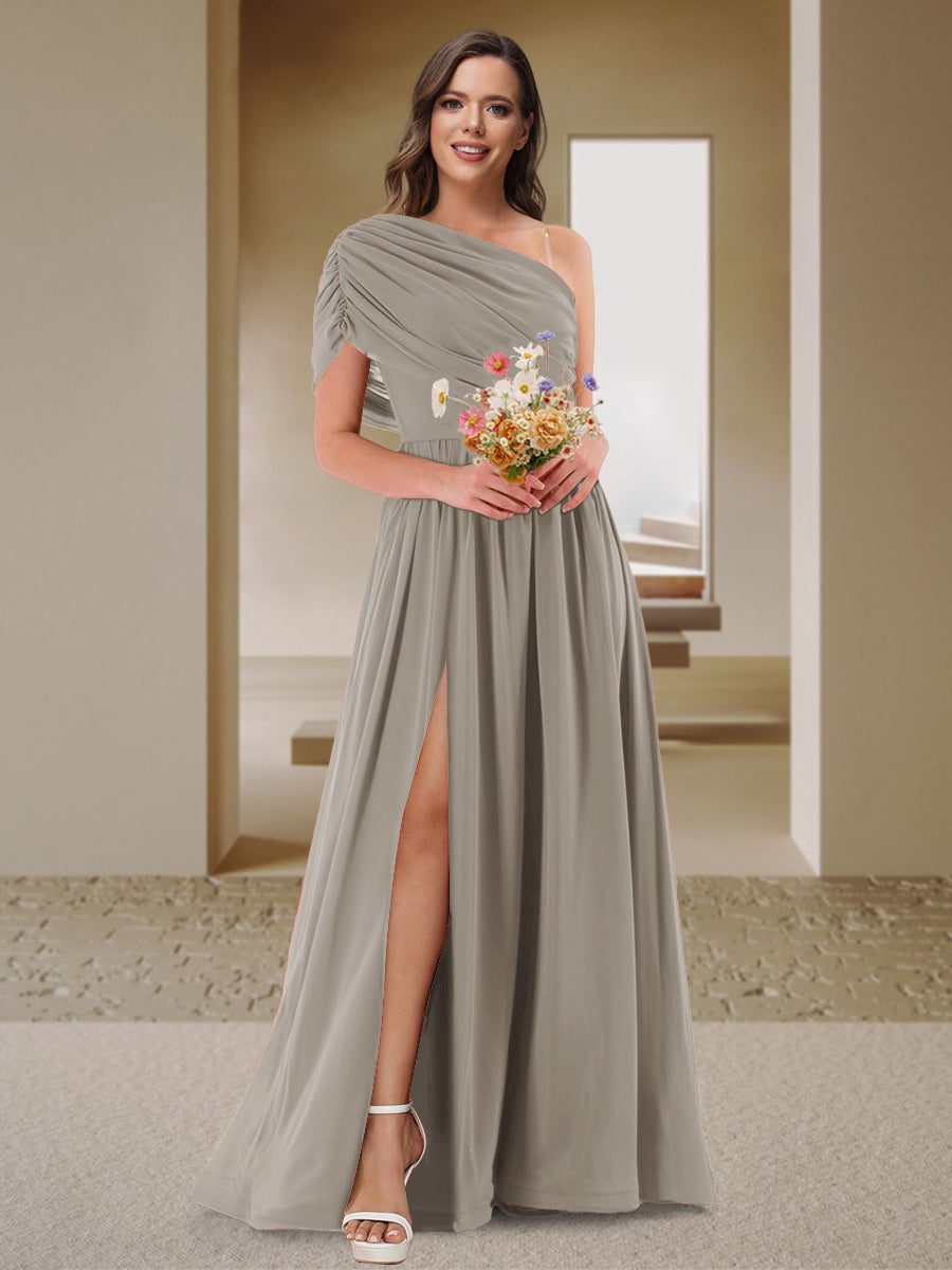 A-Line/Princess One-Shoulder Ruched Satin Bridesmaid Dresses with Side Slit Taupe