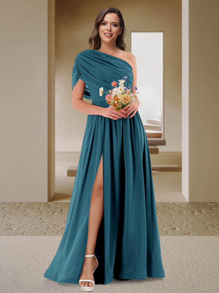 A-Line/Princess One-Shoulder Ruched Satin Bridesmaid Dresses with Side Slit Teal