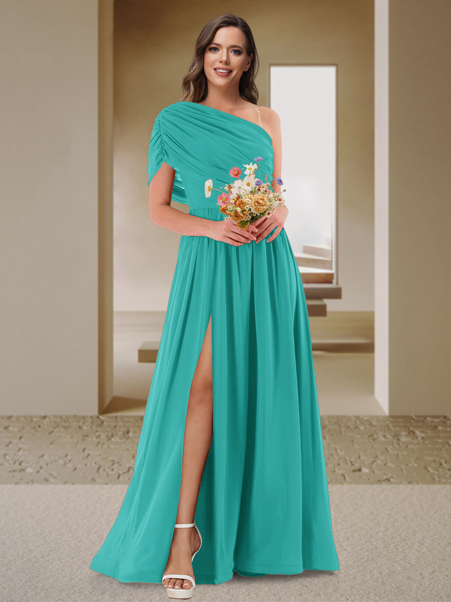 A-Line/Princess One-Shoulder Ruched Satin Bridesmaid Dresses with Side Slit Turquoise