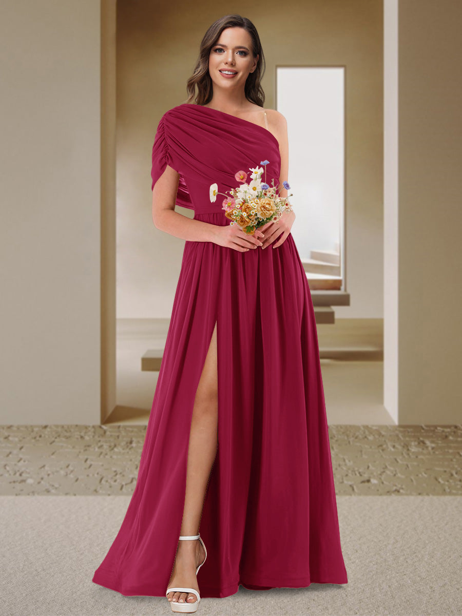 A-Line/Princess One-Shoulder Ruched Satin Bridesmaid Dresses with Side Slit Wine Red