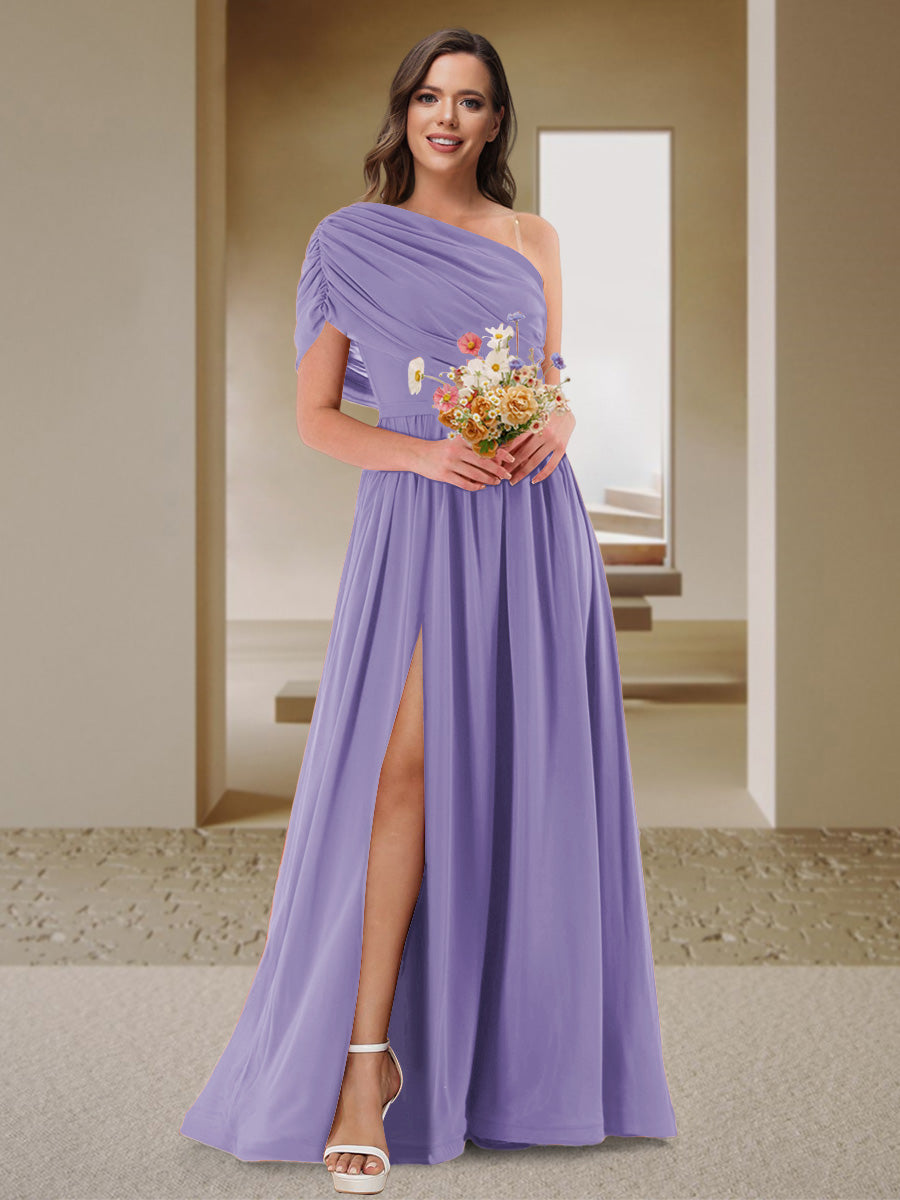 A-Line/Princess One-Shoulder Ruched Satin Bridesmaid Dresses with Side Slit Wisteria