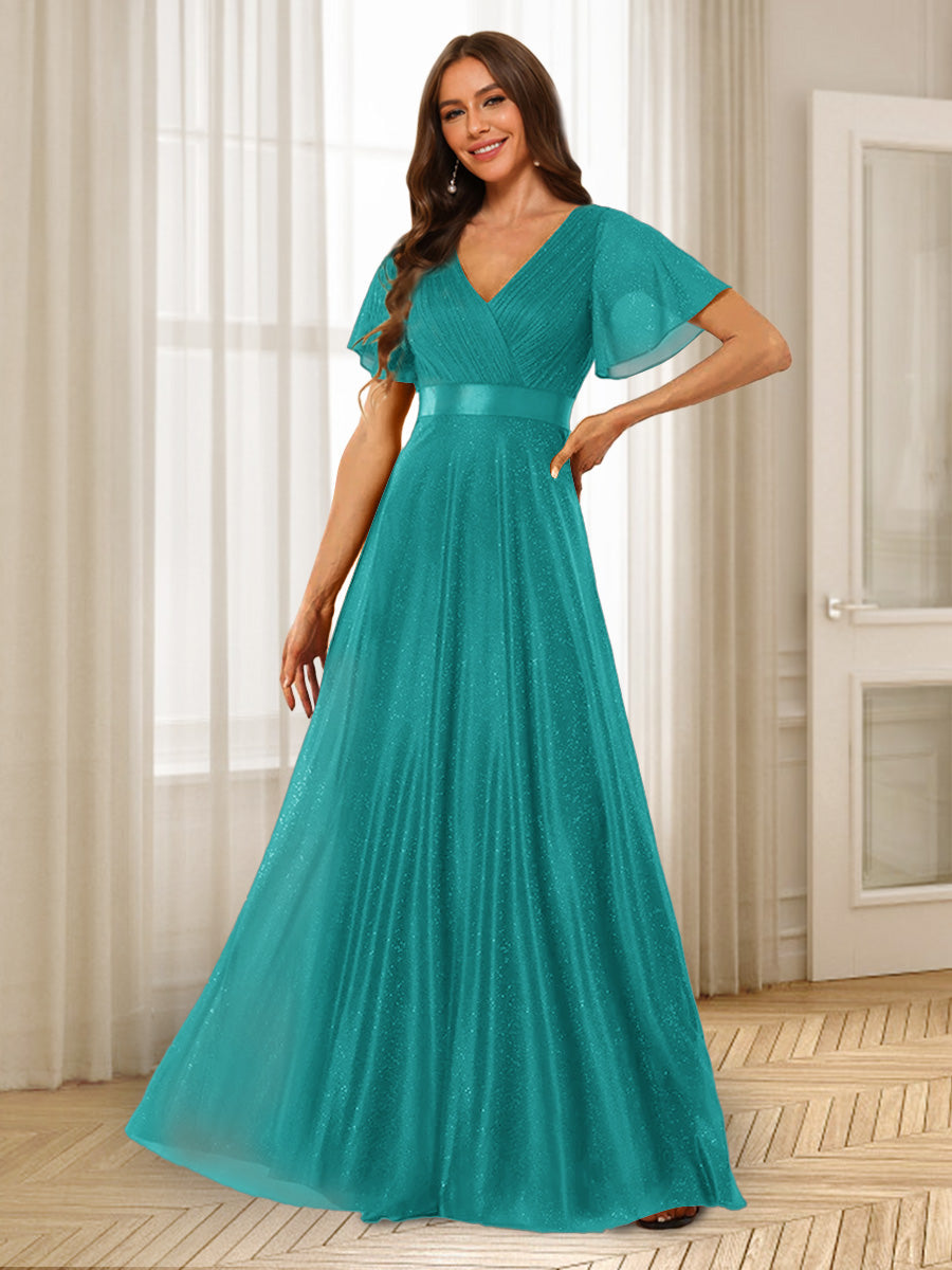 A-Line/Princess V-Neck Floor-Length Ruffles Bridesmaid Dresses Aqua Blue