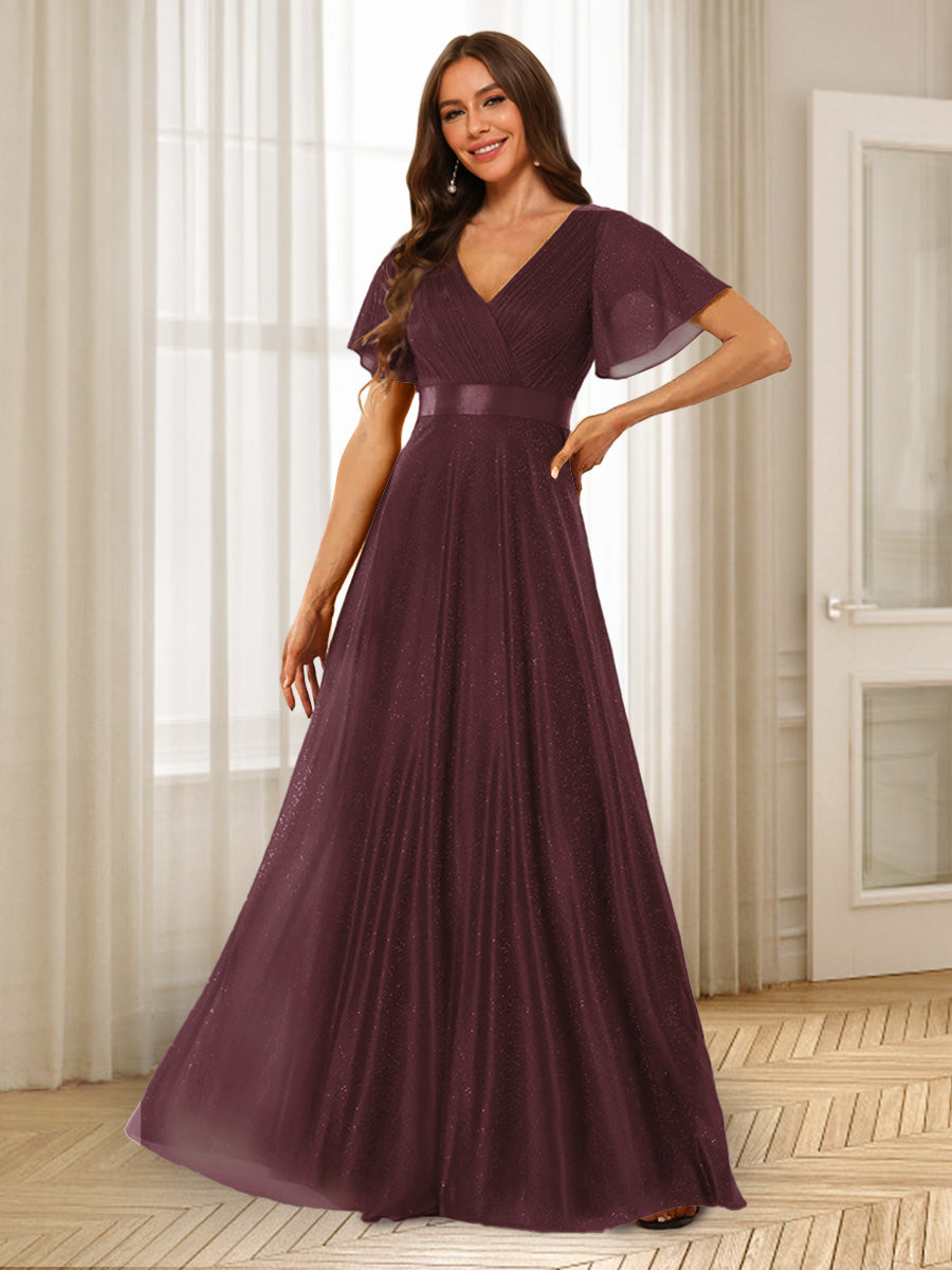 A-Line/Princess V-Neck Floor-Length Ruffles Bridesmaid Dresses Burgundy