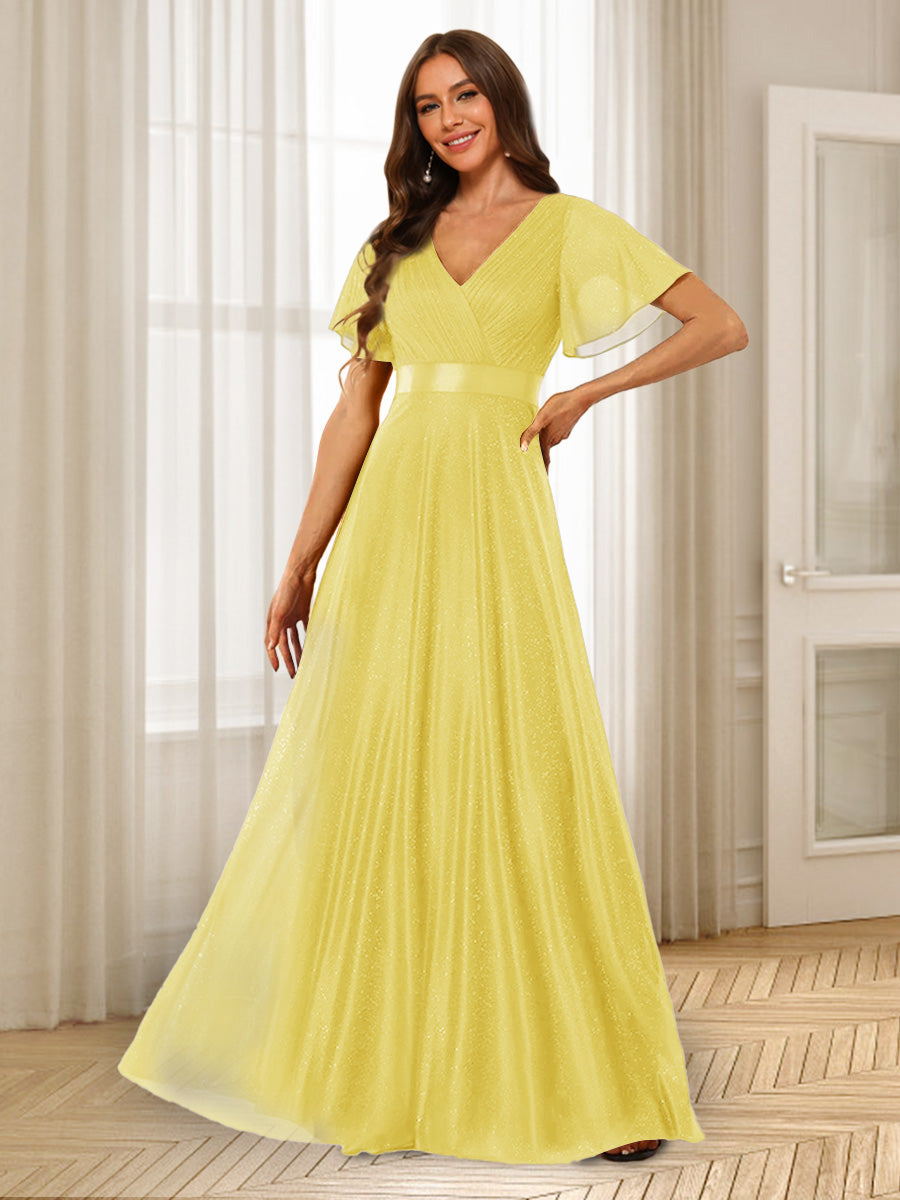 A-Line/Princess V-Neck Floor-Length Ruffles Bridesmaid Dresses Canary