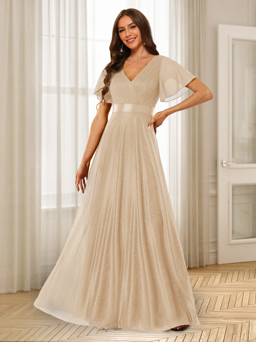 A-Line/Princess V-Neck Floor-Length Ruffles Bridesmaid Dresses Champagne