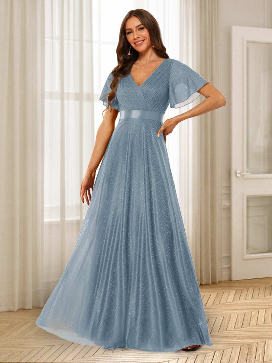 A-Line/Princess V-Neck Floor-Length Ruffles Bridesmaid Dresses Dusty Blue