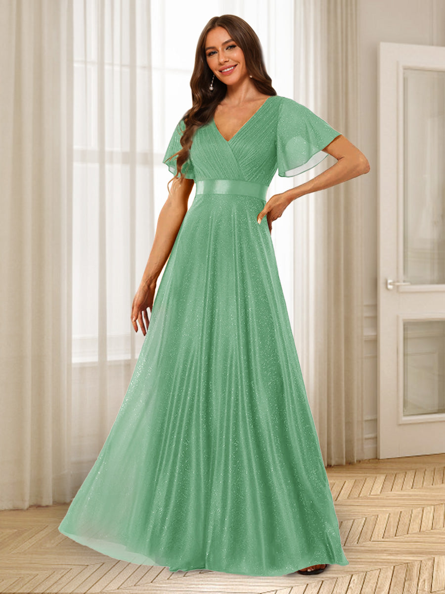 A-Line/Princess V-Neck Floor-Length Ruffles Bridesmaid Dresses Eucalyptus