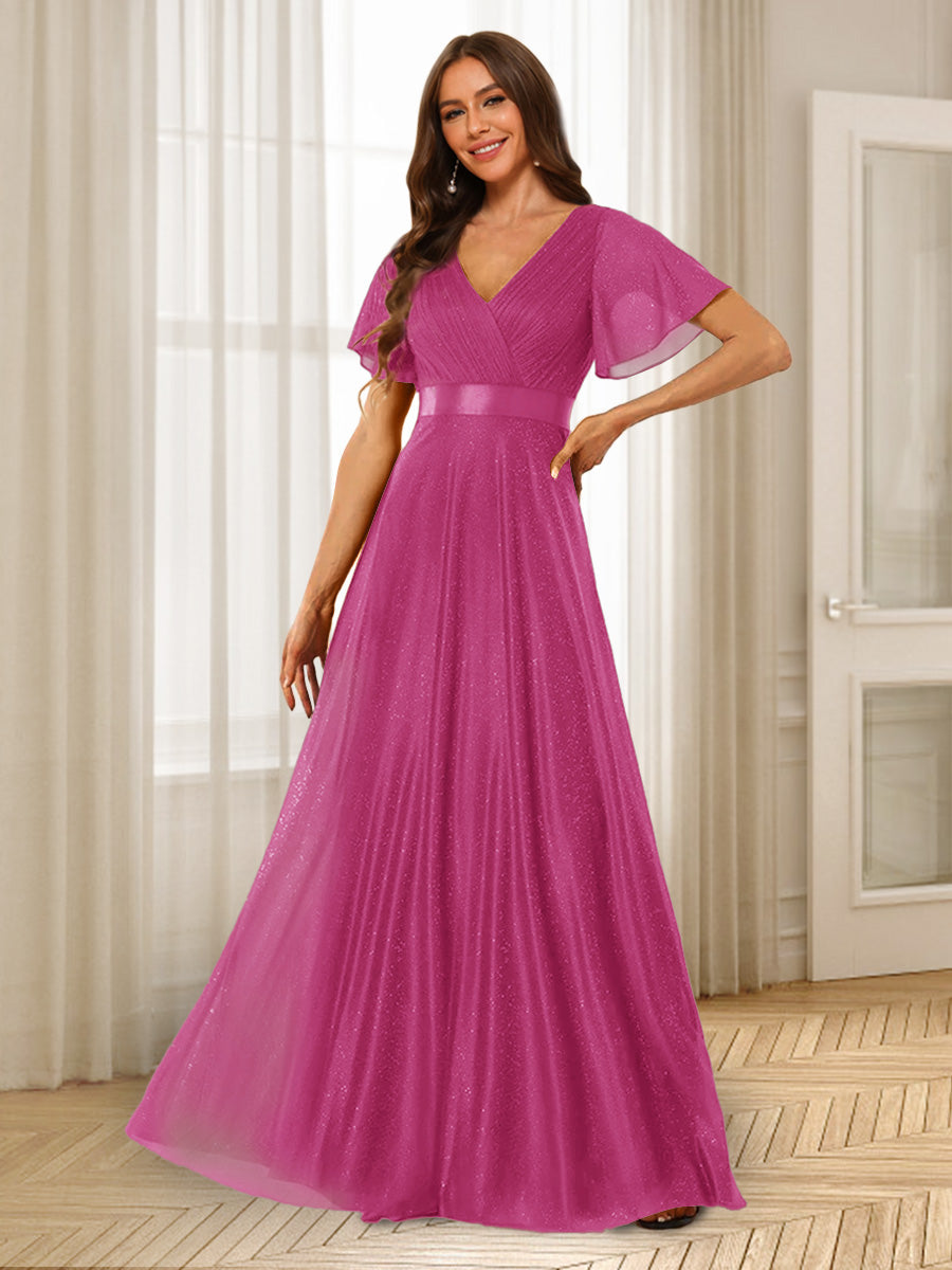 A-Line/Princess V-Neck Floor-Length Ruffles Bridesmaid Dresses Fuchsia