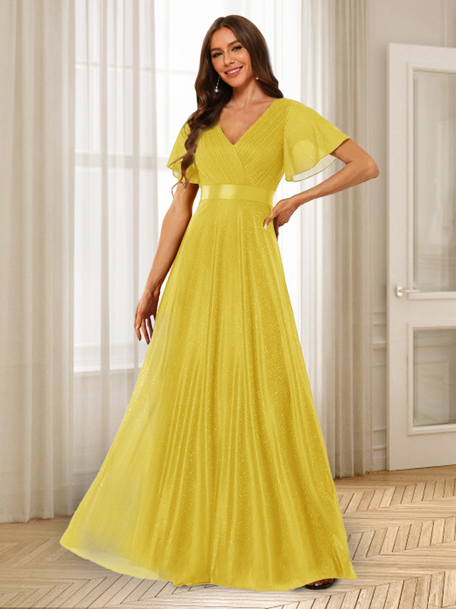 A-Line/Princess V-Neck Floor-Length Ruffles Bridesmaid Dresses Gold