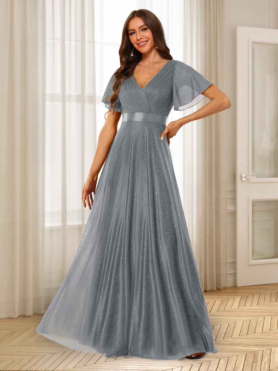 A-Line/Princess V-Neck Floor-Length Ruffles Bridesmaid Dresses Gray