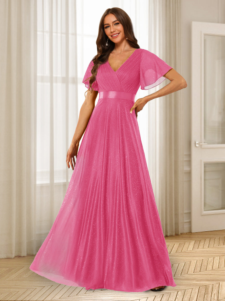 A-Line/Princess V-Neck Floor-Length Ruffles Bridesmaid Dresses Hot Pink