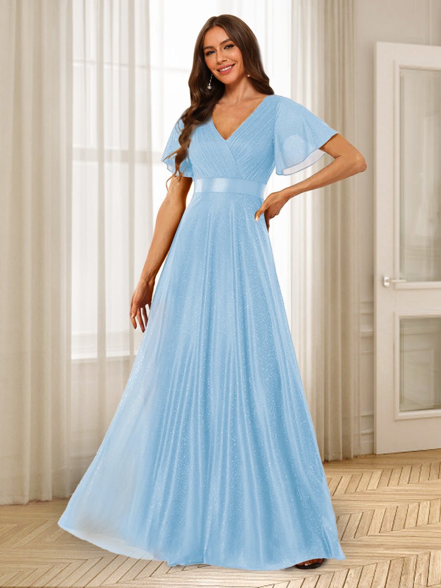 A-Line/Princess V-Neck Floor-Length Ruffles Bridesmaid Dresses Light Blue