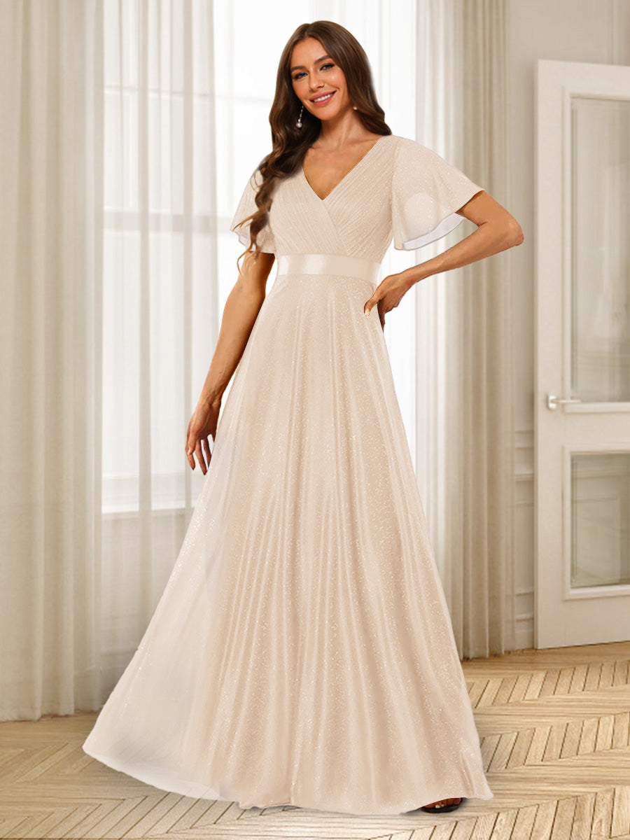 A-Line/Princess V-Neck Floor-Length Ruffles Bridesmaid Dresses Light Champagne