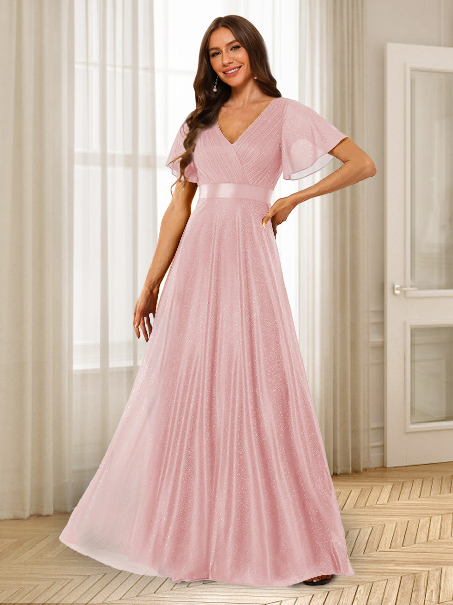 A-Line/Princess V-Neck Floor-Length Ruffles Bridesmaid Dresses Light Pink