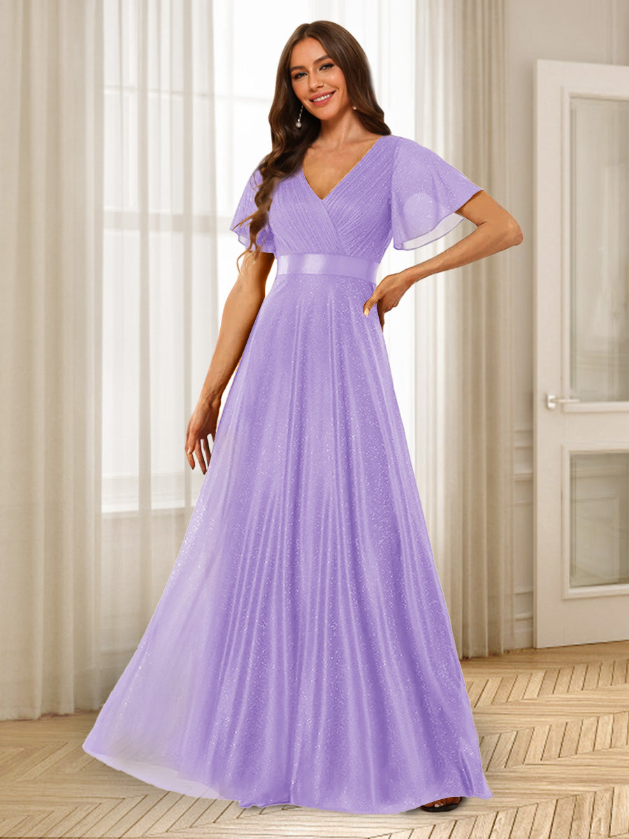 A-Line/Princess V-Neck Floor-Length Ruffles Bridesmaid Dresses Light Purple