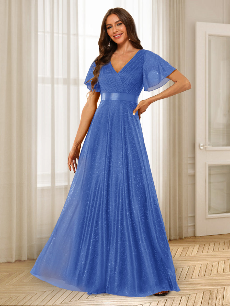 A-Line/Princess V-Neck Floor-Length Ruffles Bridesmaid Dresses Light Royal Blue