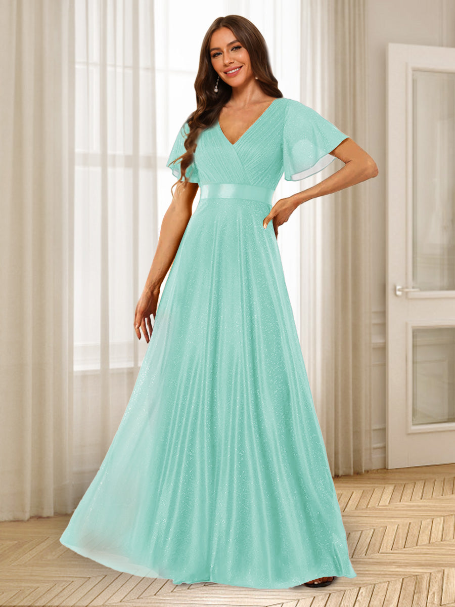 A-Line/Princess V-Neck Floor-Length Ruffles Bridesmaid Dresses Light Sky Blue