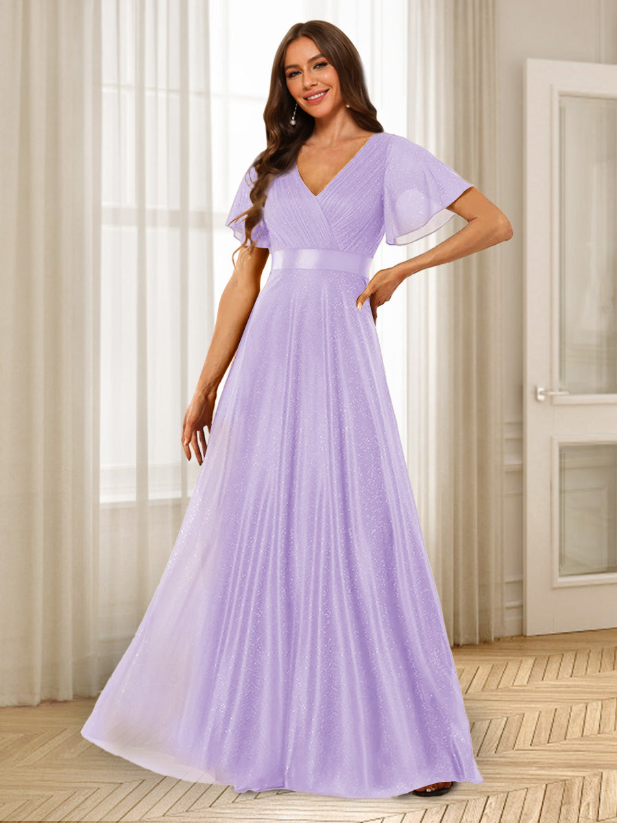 A-Line/Princess V-Neck Floor-Length Ruffles Bridesmaid Dresses Lilac