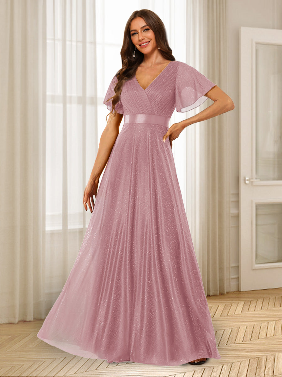 A-Line/Princess V-Neck Floor-Length Ruffles Bridesmaid Dresses Mauve