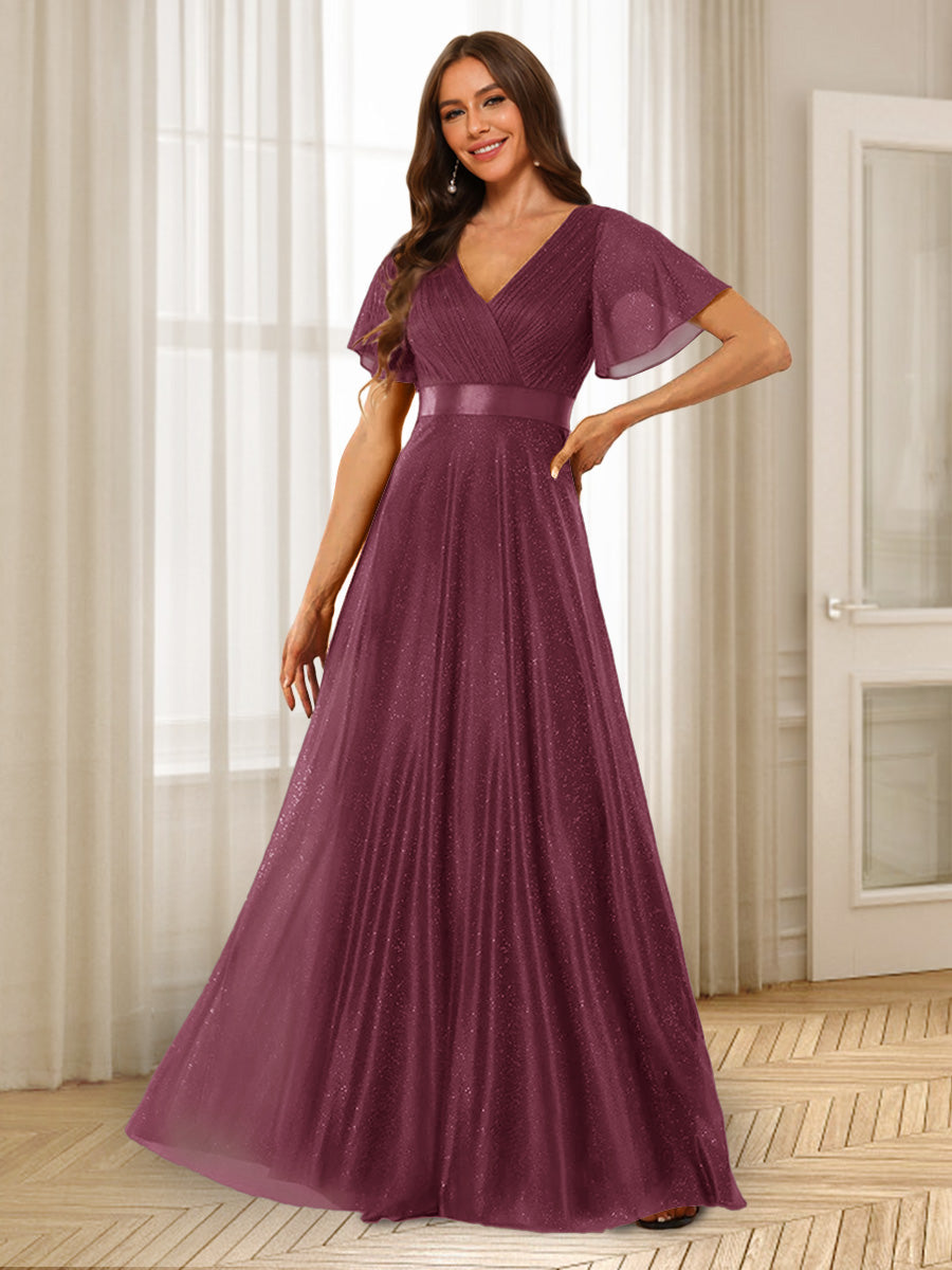 A-Line/Princess V-Neck Floor-Length Ruffles Bridesmaid Dresses Mulberry
