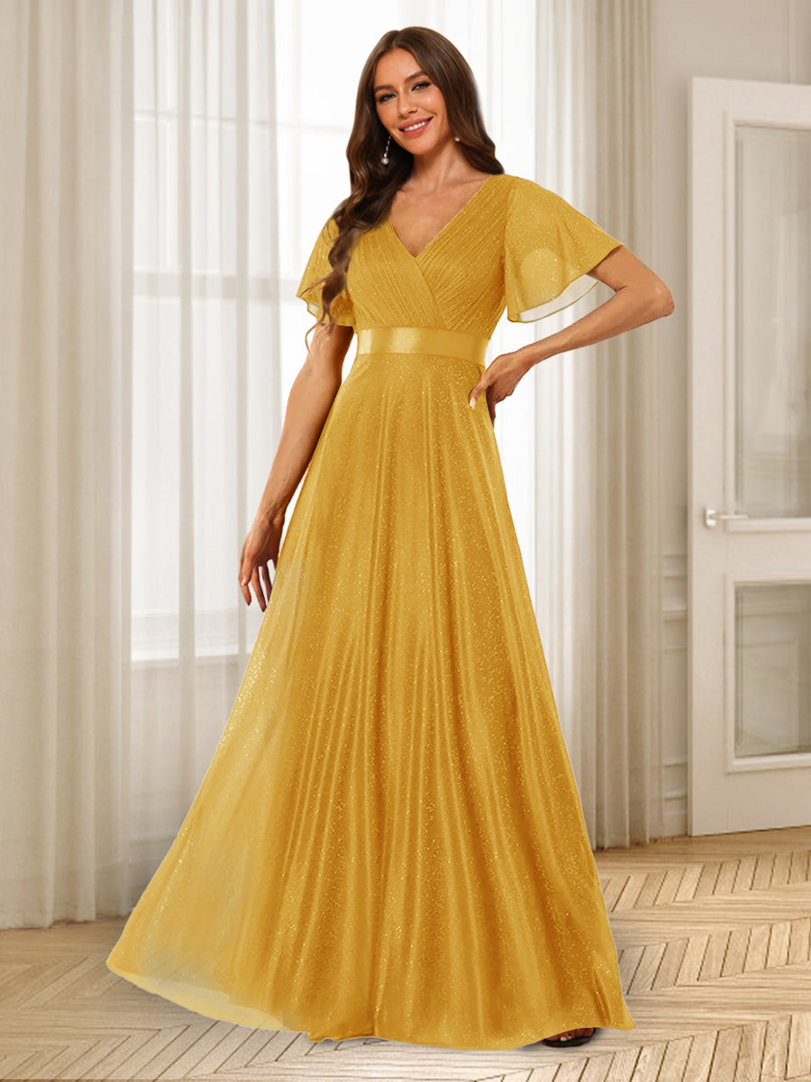 A-Line/Princess V-Neck Floor-Length Ruffles Bridesmaid Dresses Mustard Yellow