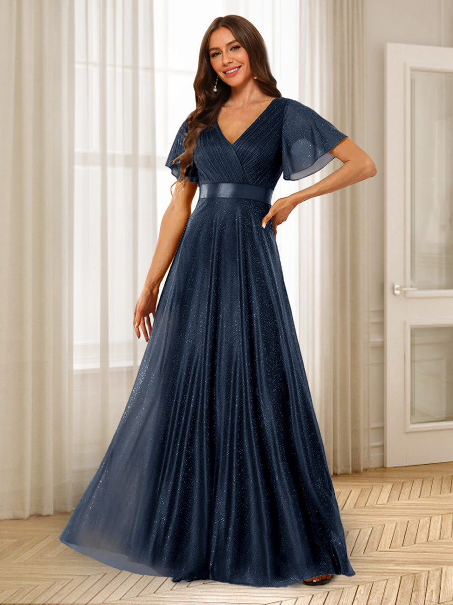 A-Line/Princess V-Neck Floor-Length Ruffles Bridesmaid Dresses Navy Blue