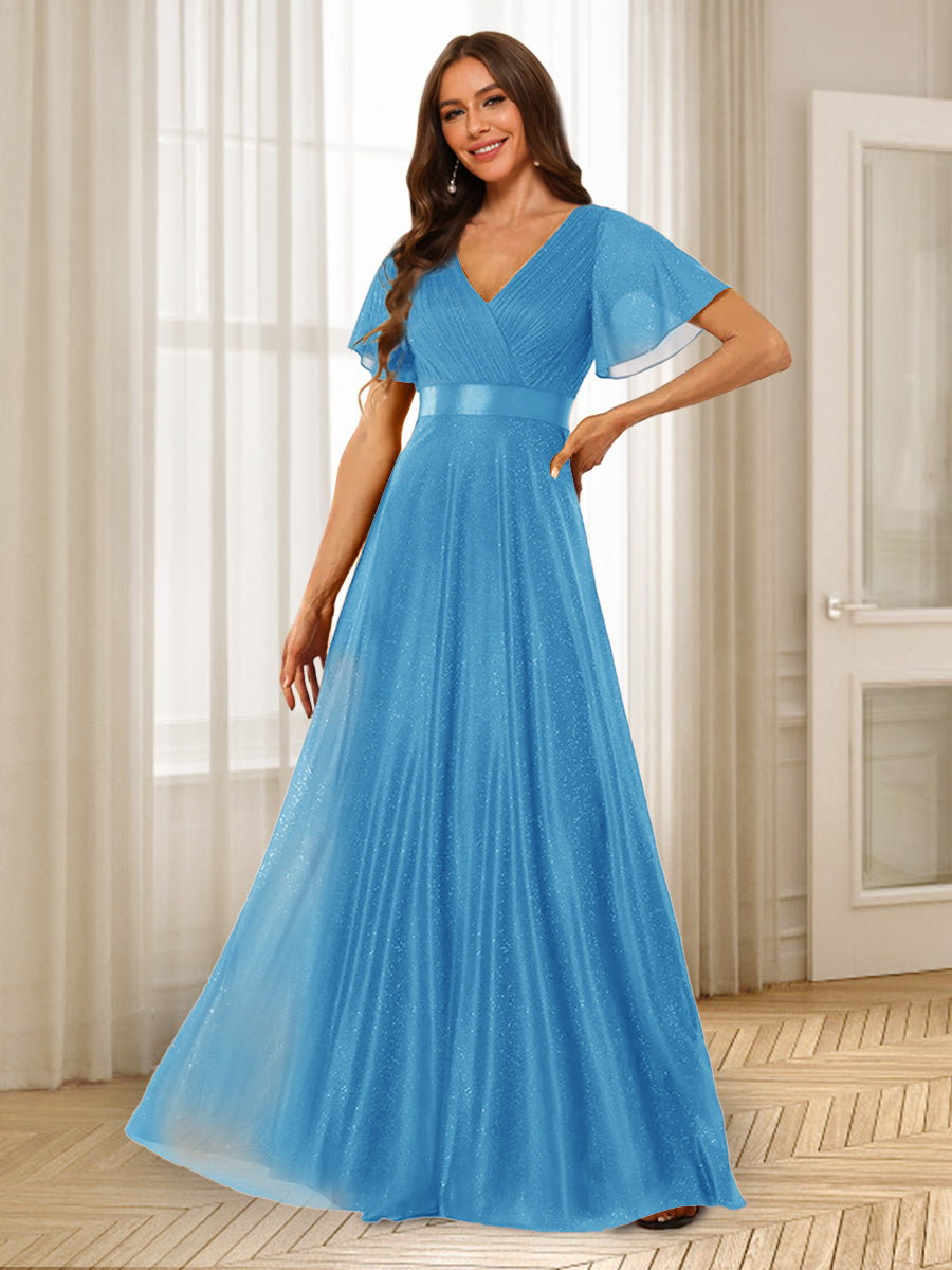 A-Line/Princess V-Neck Floor-Length Ruffles Bridesmaid Dresses Ocean Blue