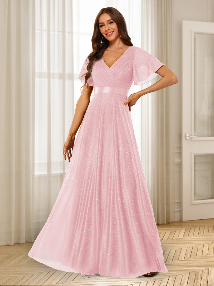 A-Line/Princess V-Neck Floor-Length Ruffles Bridesmaid Dresses Pink