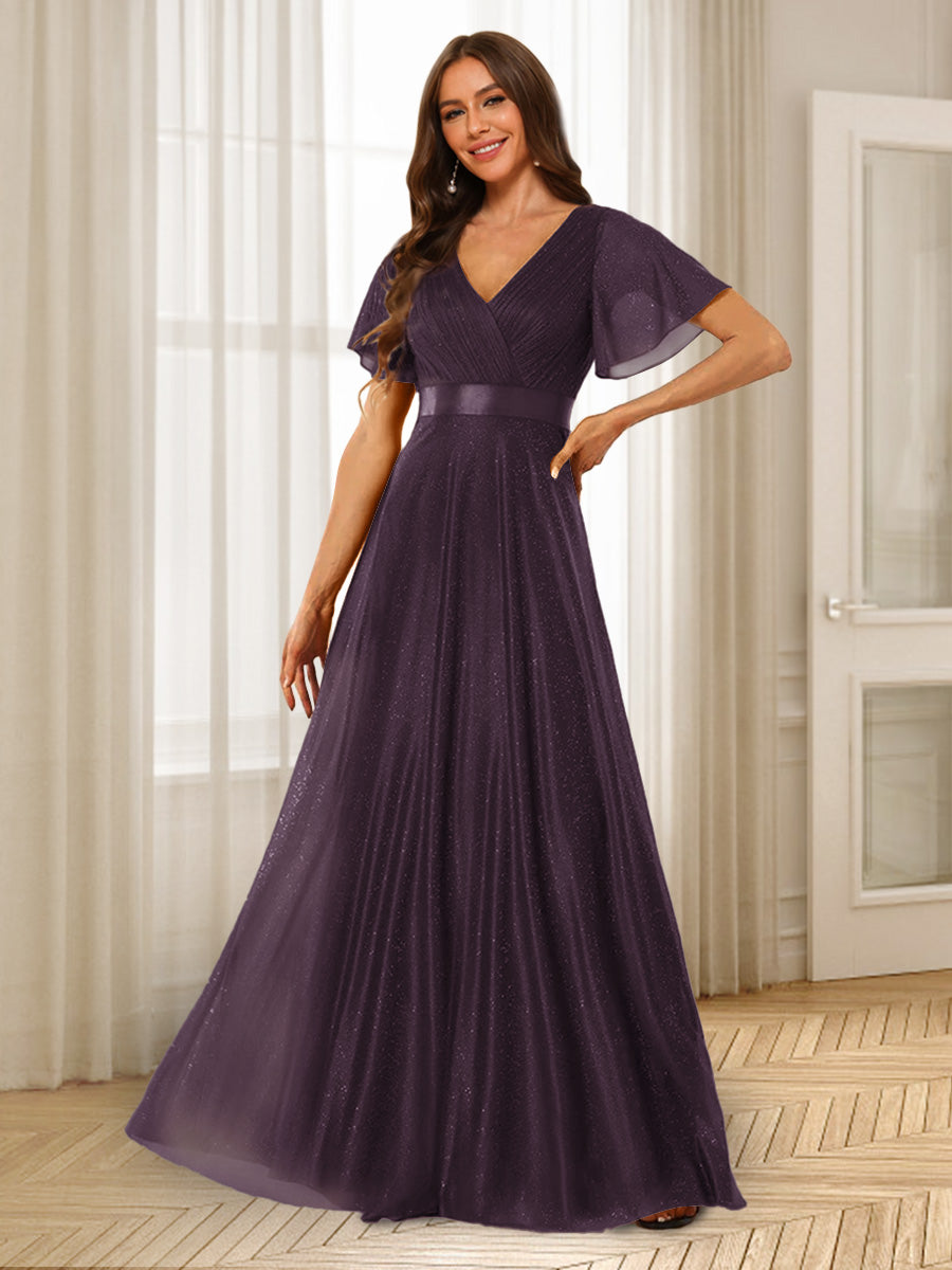 A-Line/Princess V-Neck Floor-Length Ruffles Bridesmaid Dresses Plum