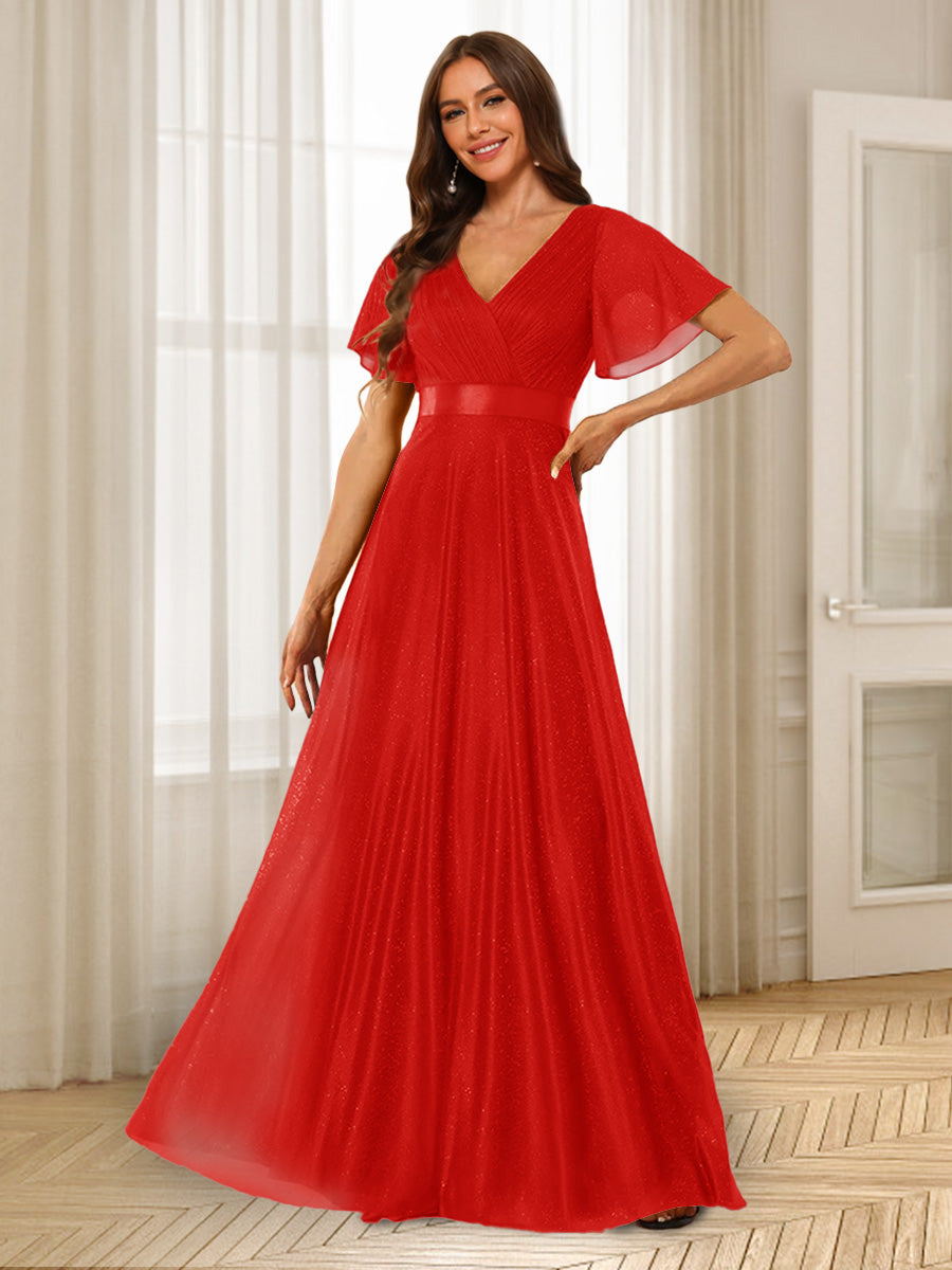 A-Line/Princess V-Neck Floor-Length Ruffles Bridesmaid Dresses Red