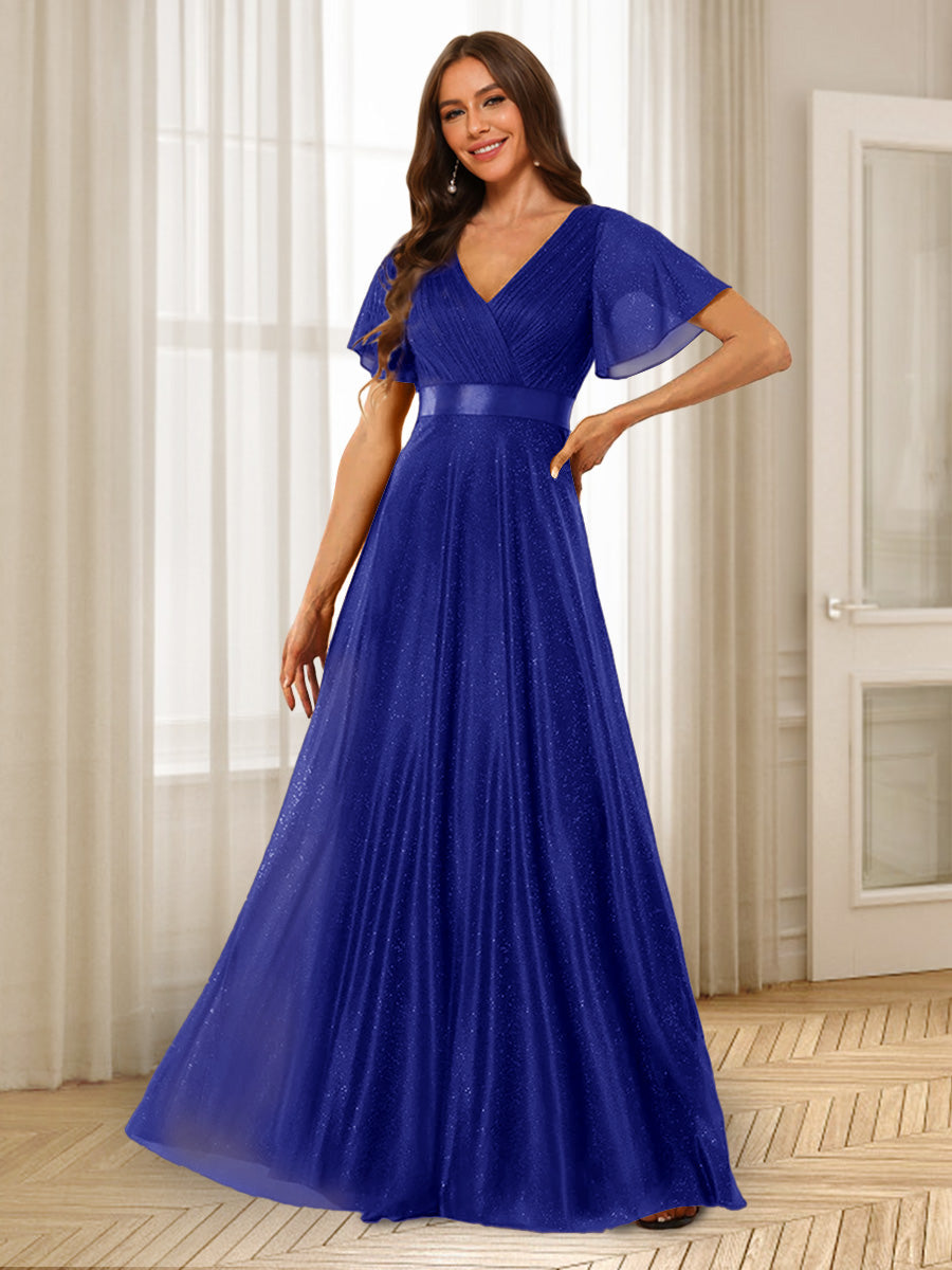 A-Line/Princess V-Neck Floor-Length Ruffles Bridesmaid Dresses Royal Blue