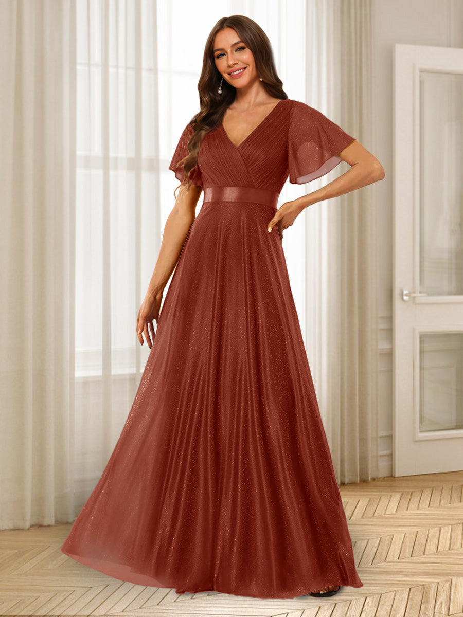 A-Line/Princess V-Neck Floor-Length Ruffles Bridesmaid Dresses Rust