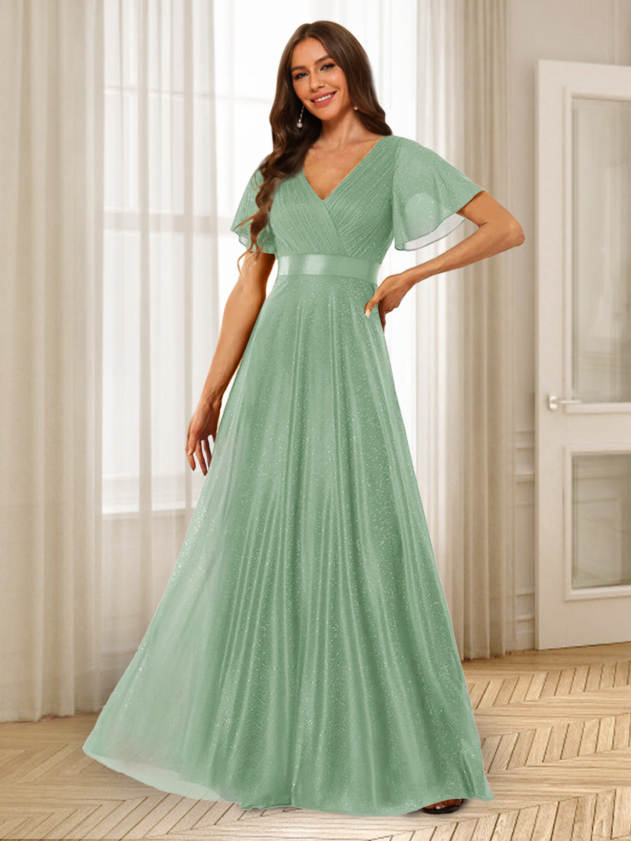 A-Line/Princess V-Neck Floor-Length Ruffles Bridesmaid Dresses Sage