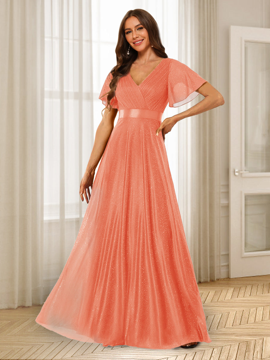 A-Line/Princess V-Neck Floor-Length Ruffles Bridesmaid Dresses Salmon