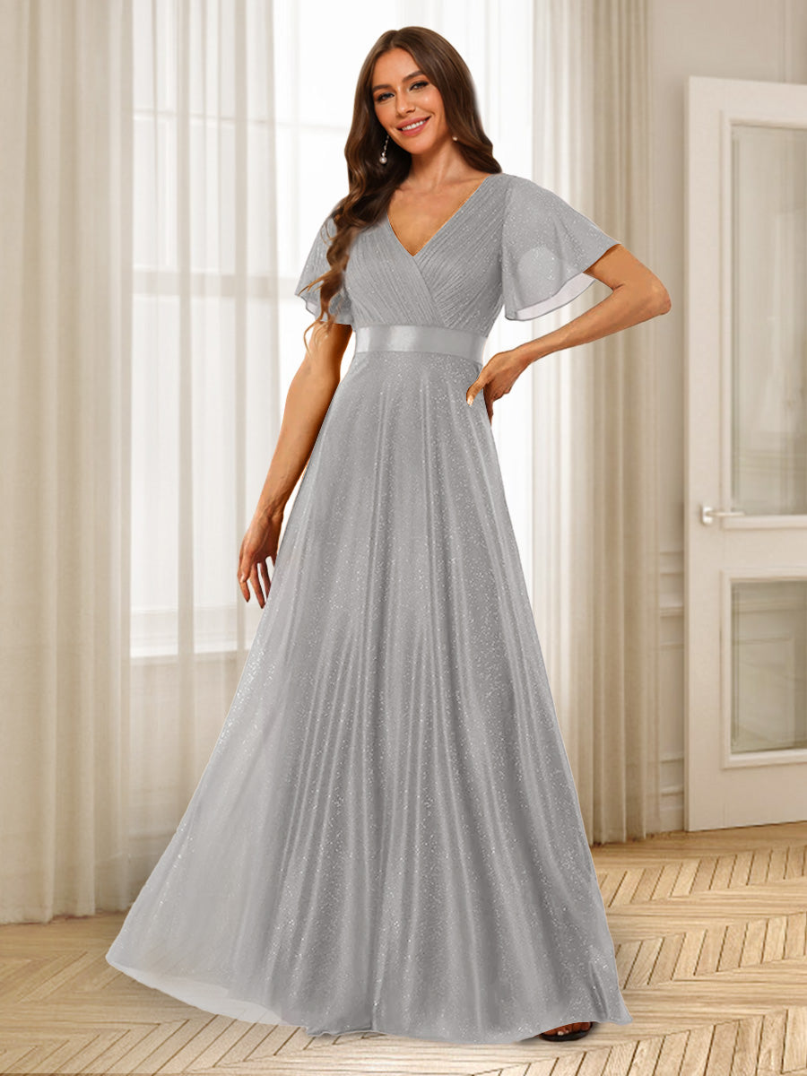 A-Line/Princess V-Neck Floor-Length Ruffles Bridesmaid Dresses Silver