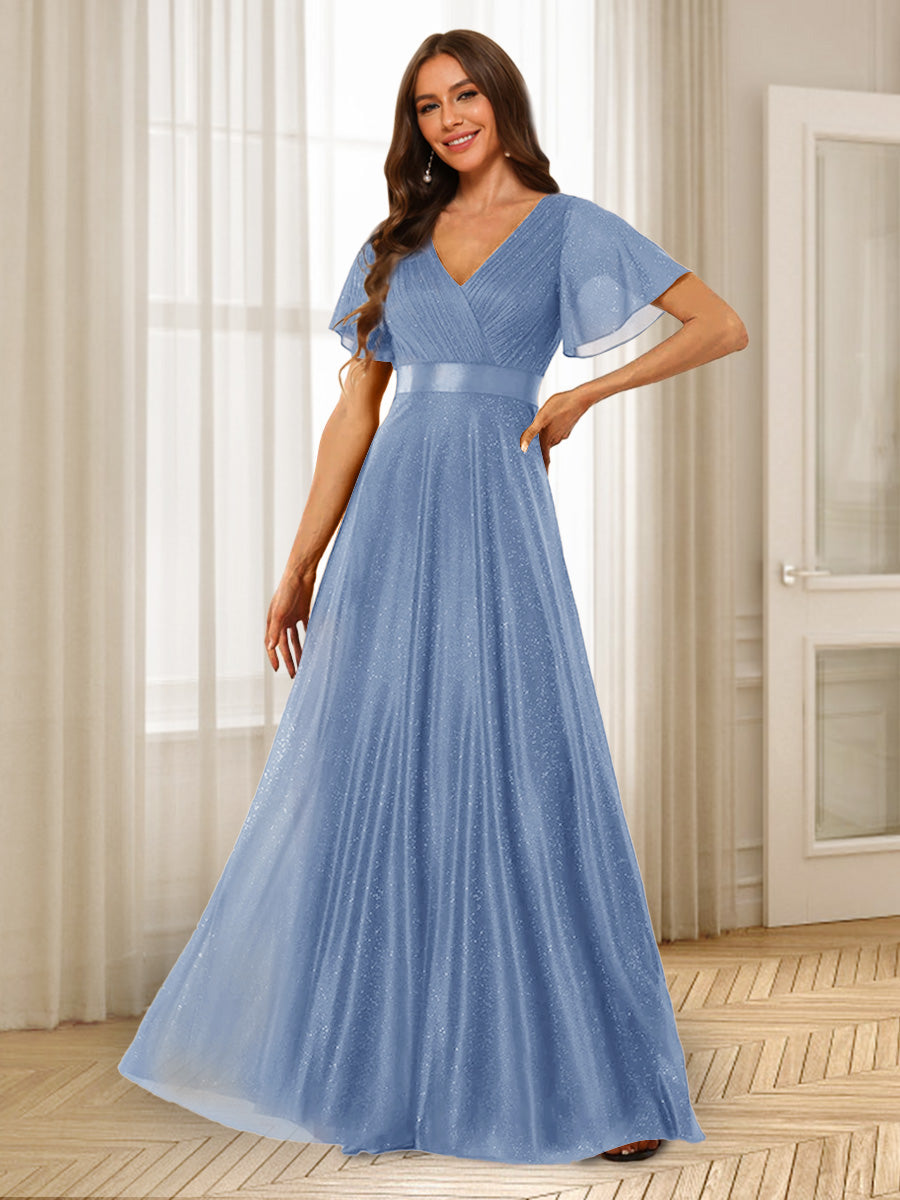 A-Line/Princess V-Neck Floor-Length Ruffles Bridesmaid Dresses Steel Blue