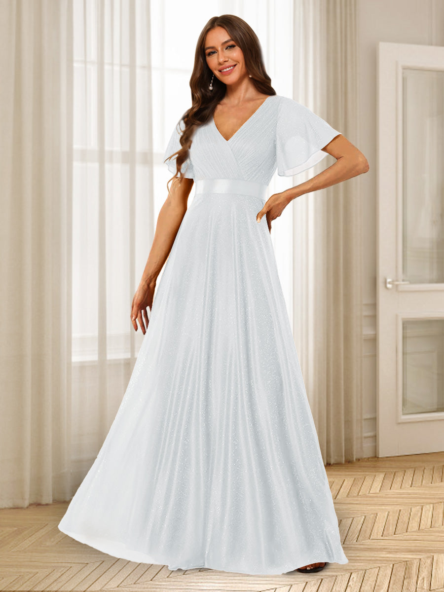 A-Line/Princess V-Neck Floor-Length Ruffles Bridesmaid Dresses White