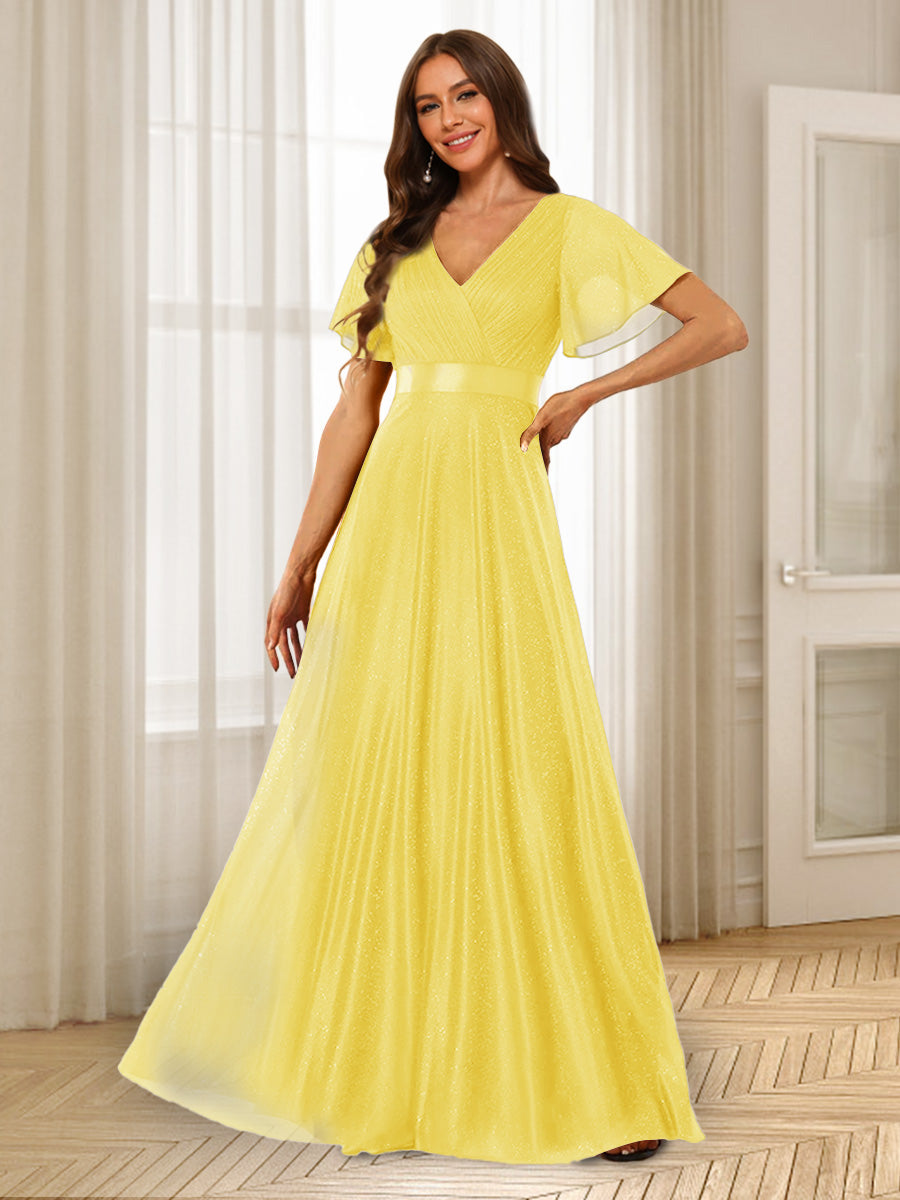 A-Line/Princess V-Neck Floor-Length Ruffles Bridesmaid Dresses Yellow