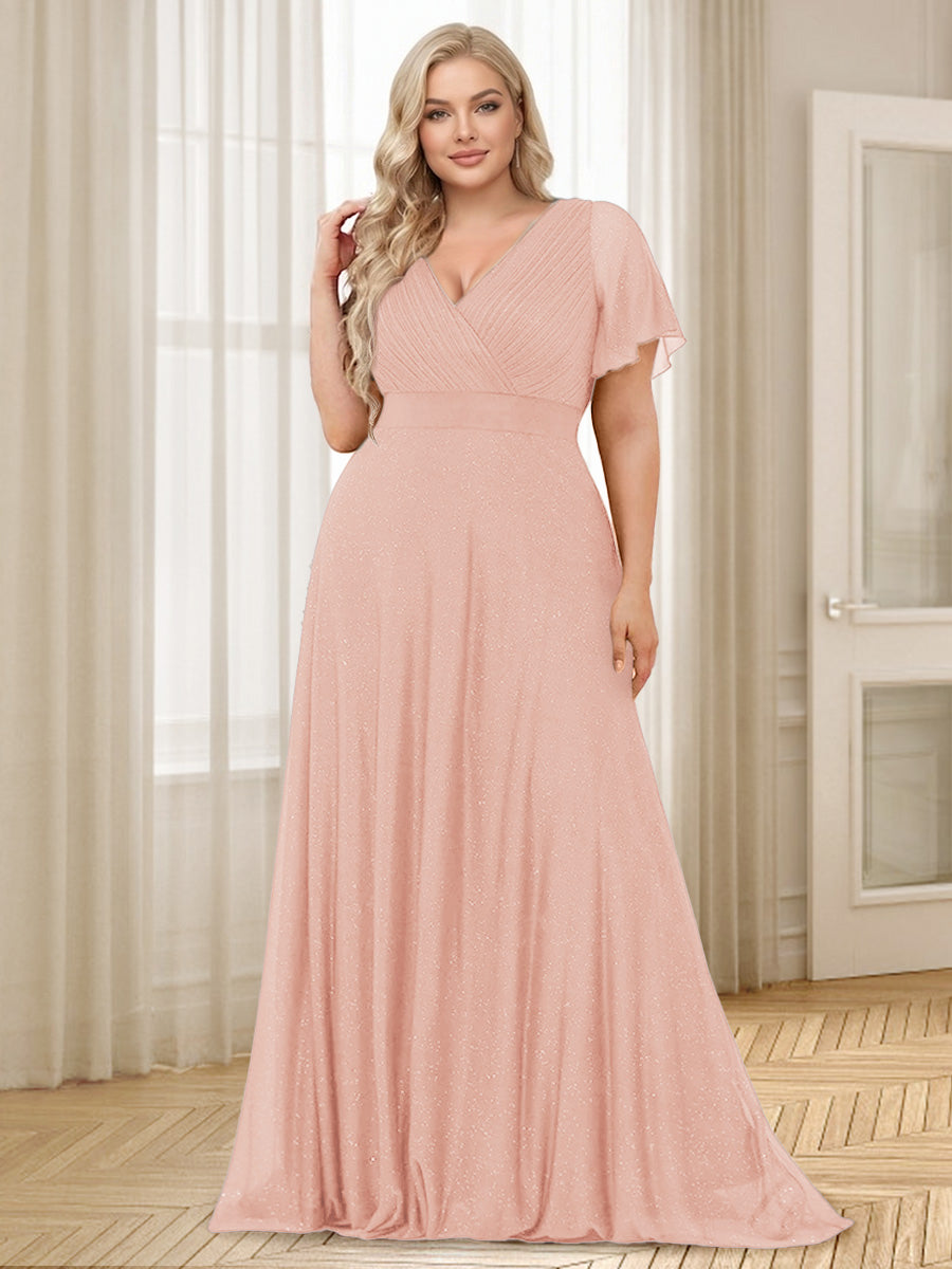 A-Line/Princess V-Neck Floor-Length Ruffles Plus Size Bridesmaid Dresses Blush Pink