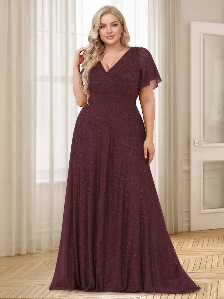 A-Line/Princess V-Neck Floor-Length Ruffles Plus Size Bridesmaid Dresses Burgundy