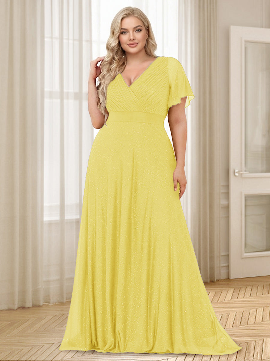 A-Line/Princess V-Neck Floor-Length Ruffles Plus Size Bridesmaid Dresses Canary