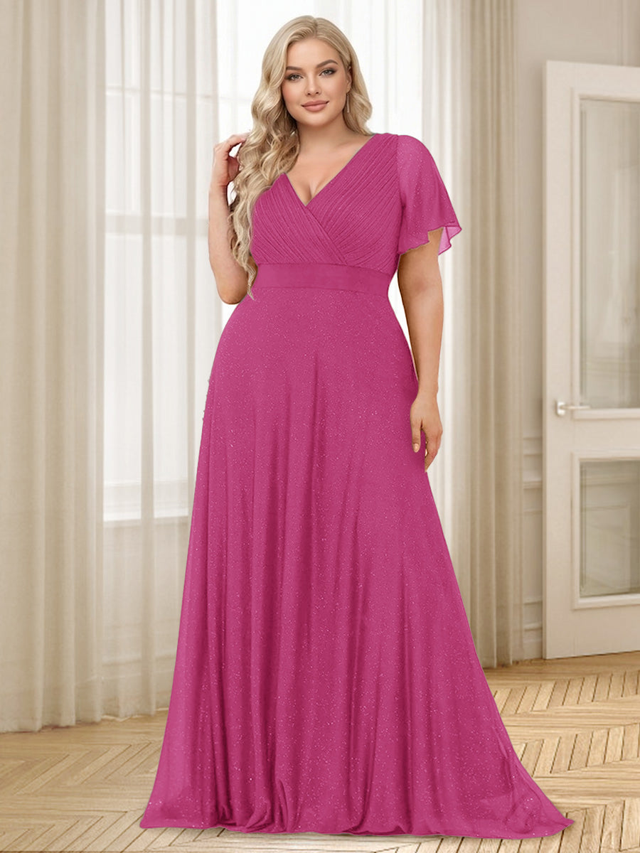 A-Line/Princess V-Neck Floor-Length Ruffles Plus Size Bridesmaid Dresses Fuchsia