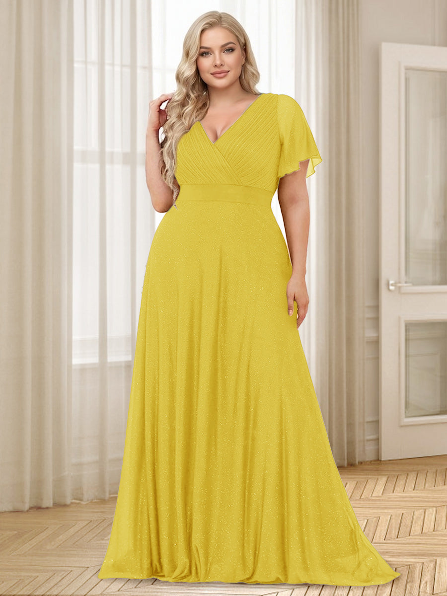 A-Line/Princess V-Neck Floor-Length Ruffles Plus Size Bridesmaid Dresses Gold