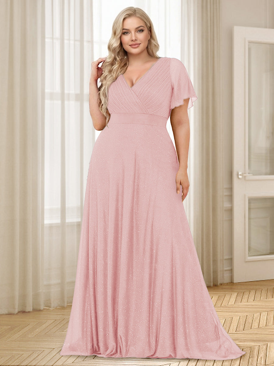 A-Line/Princess V-Neck Floor-Length Ruffles Plus Size Bridesmaid Dresses Light Pink