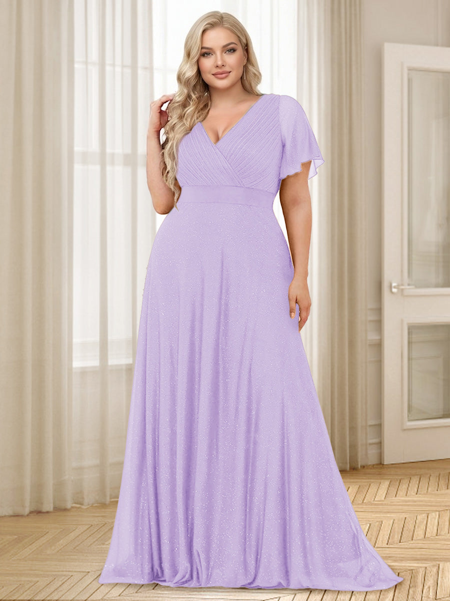 A-Line/Princess V-Neck Floor-Length Ruffles Plus Size Bridesmaid Dresses Lilac