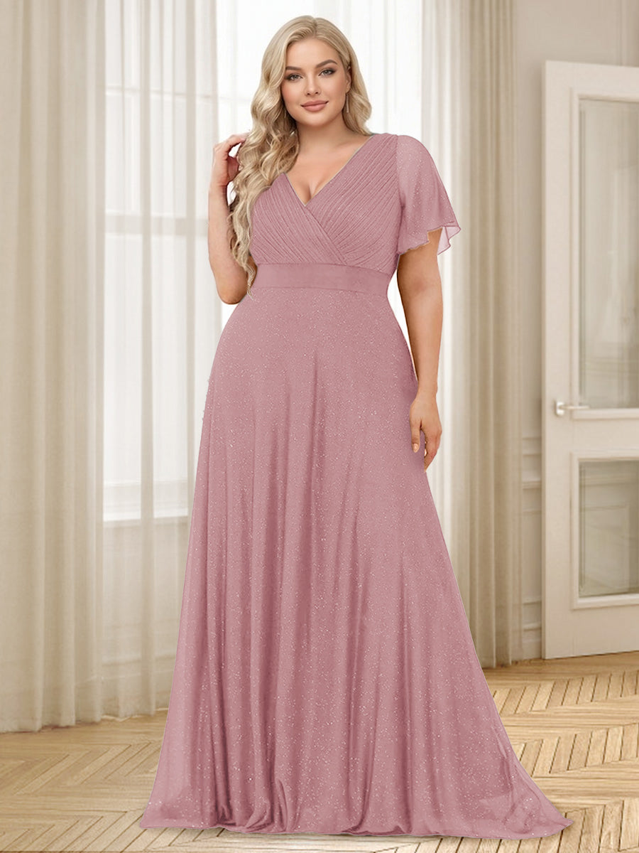 A-Line/Princess V-Neck Floor-Length Ruffles Plus Size Bridesmaid Dresses Mauve