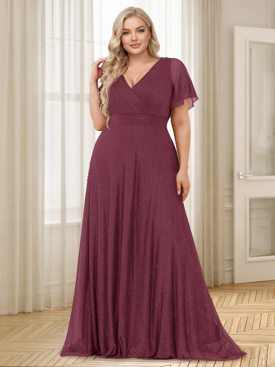 A-Line/Princess V-Neck Floor-Length Ruffles Plus Size Bridesmaid Dresses Mulberry